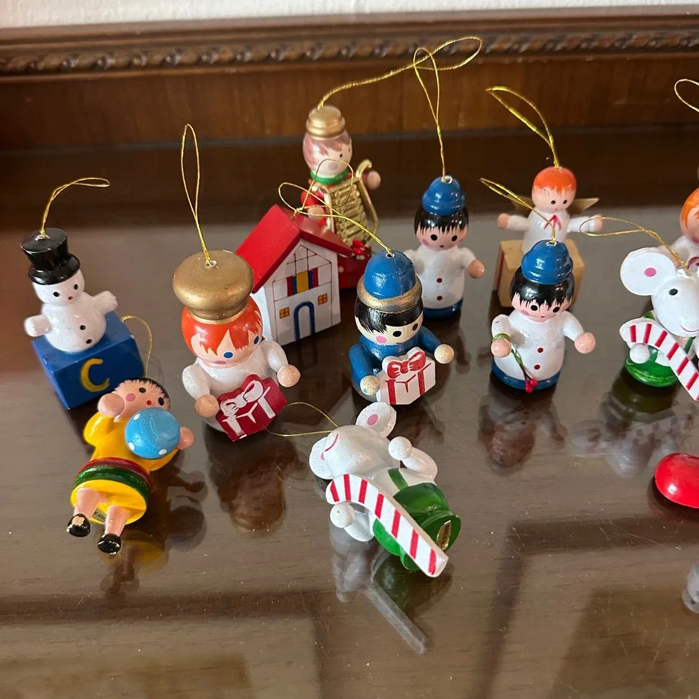 Vintage Lot of 21 Wooden Christmas Ornaments Hand Painted Folk Art Santa Snowman